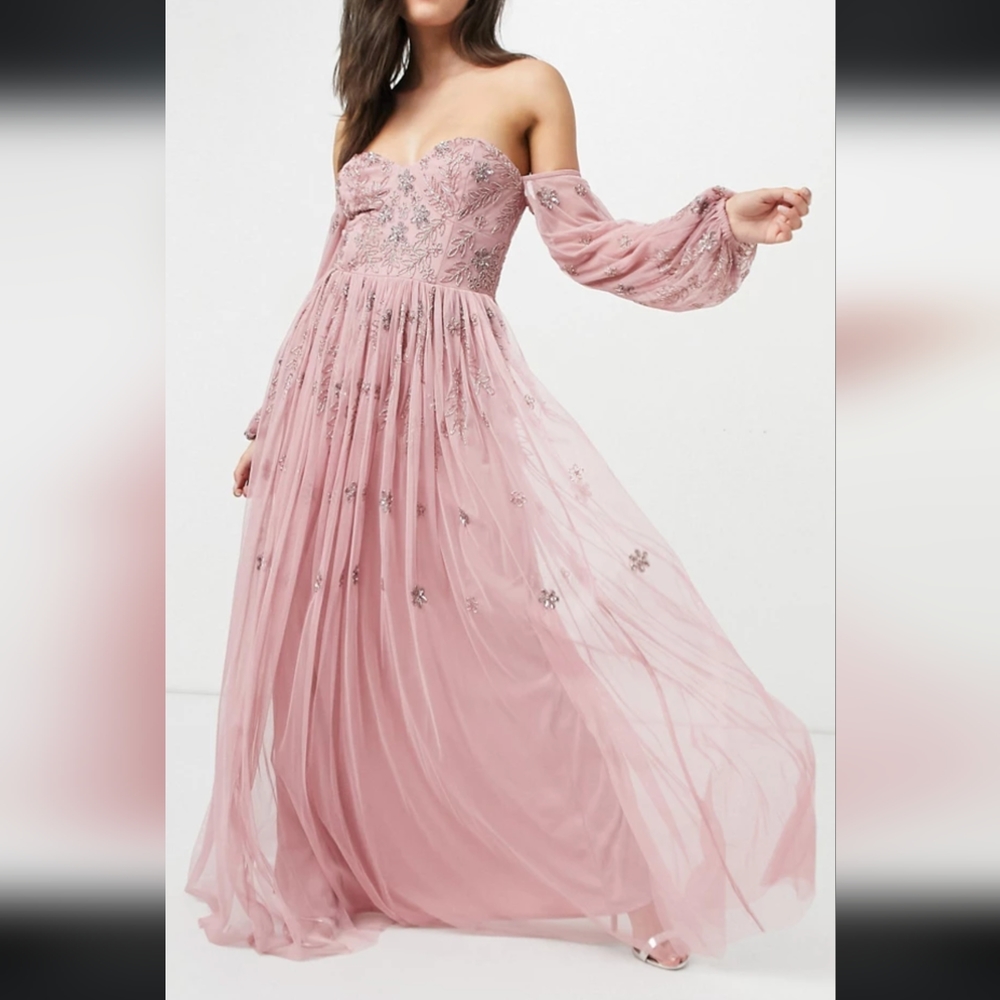 ASOS Maya bardot long sleeve tulle maxi dress tonal delicate floral sequin US 🌸
